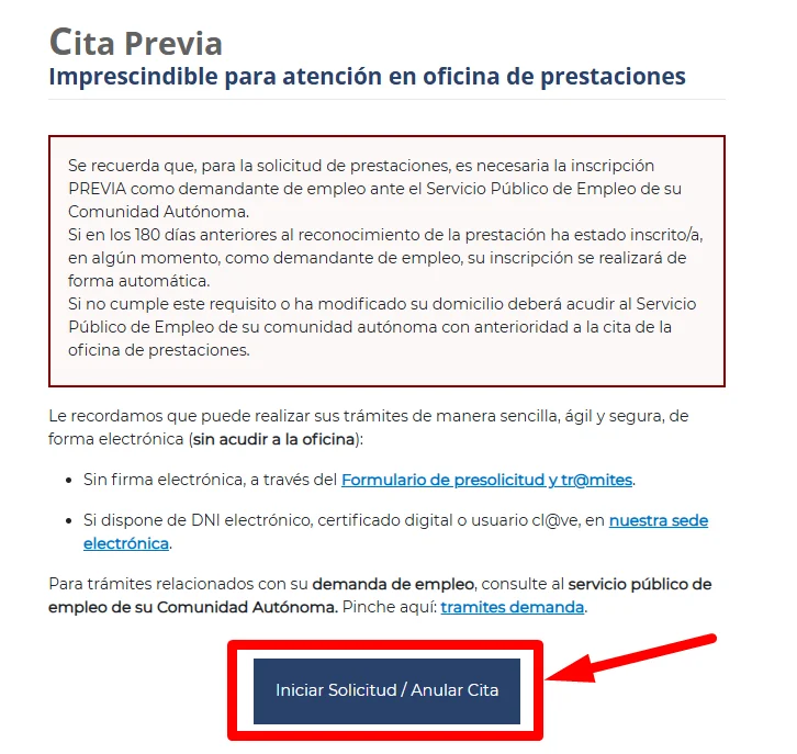 Boton de Iniciar Solicitud para Cita en el SEPE